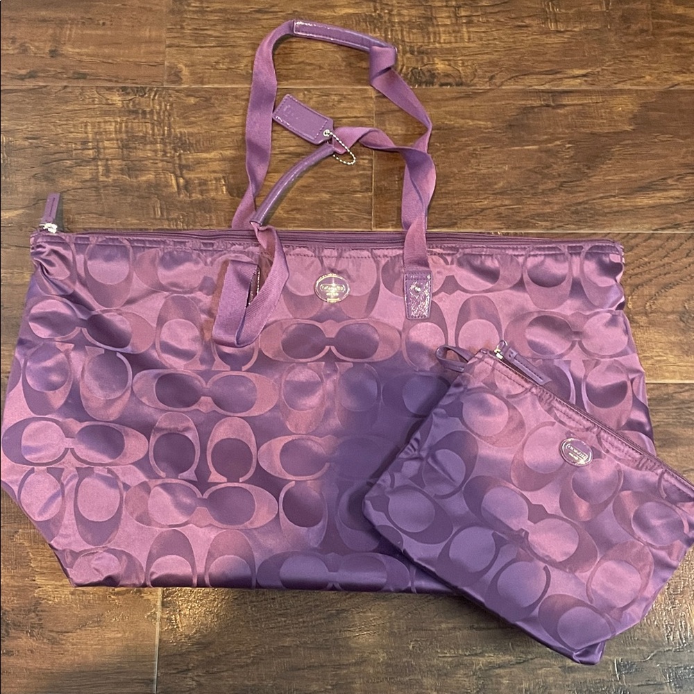 Large Coach Purple Tote Bag with Detachable Toiletry Bag